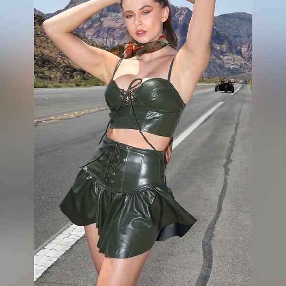 Olive Faux Leather Lace Up Bustier Top & Corset Ruffle Mini Skirt Set M - Picture 1 of 6